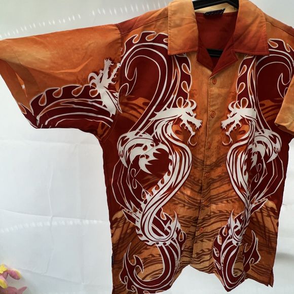 Vintage Dragon Flame Button Up Shirt Pattern Retro Y2k Skate Size Medium - Picture 2 of 4